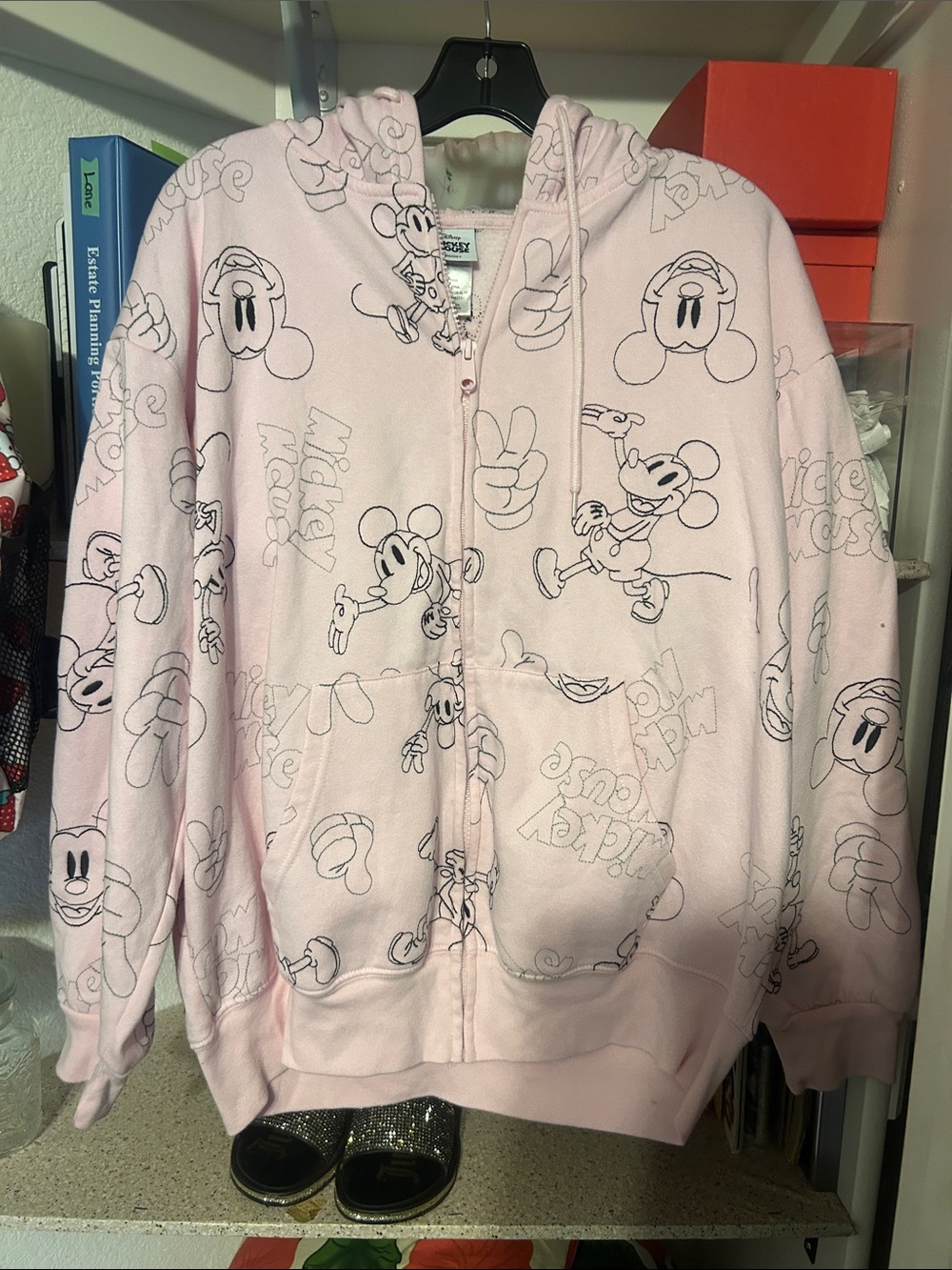 Disney Light Pink Mickey Mouse Zip Hoodie Embroidered Large